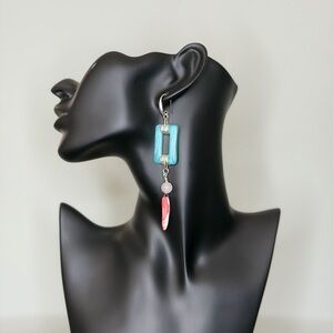 Vintage Blue Milk Glass with Natural Stone and Coral Dangle Earrings